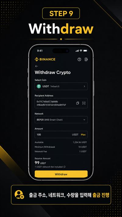 바이낸스 9단계 — USDT 출금 주소와 BEP20 네트워크, 수량 입력 화면