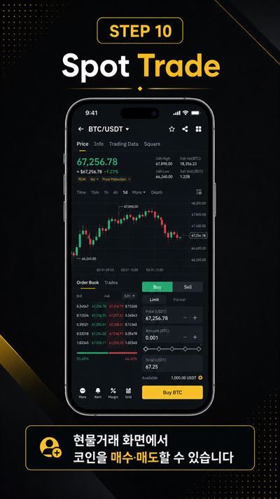 바이낸스 10단계 — BTC/USDT 현물거래 차트와 지정가 매수 주문 화면